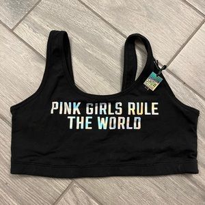 VS Pink large sports bra. Front is rule the world back is pink nation